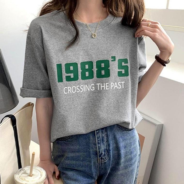 여성 라운드 레터링 기본 반팔 여름 티 셔츠 그레이 반팔티 여자 티셔츠 예쁜 여름티