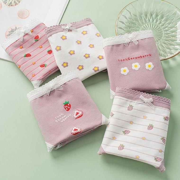 여성 귀여운 딸기 면 팬티 5종 세트 L 생리 여성면 여자 면팬티 편한 삼각팬티 여름