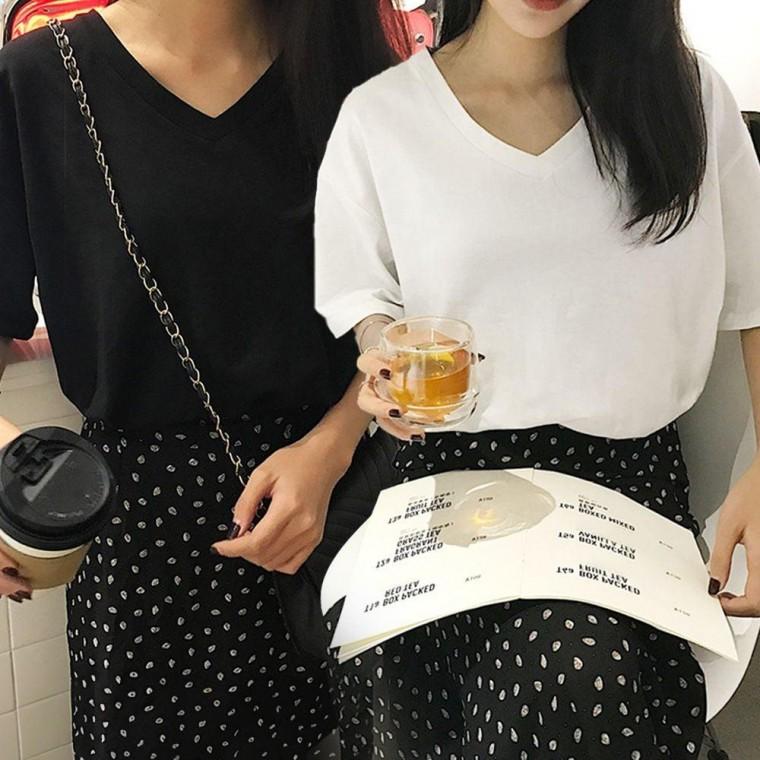 여성 여름 브이넥 무지 반팔 기본 티 셔츠 반팔티 티셔츠 여자 기본티 흰색 여성흰