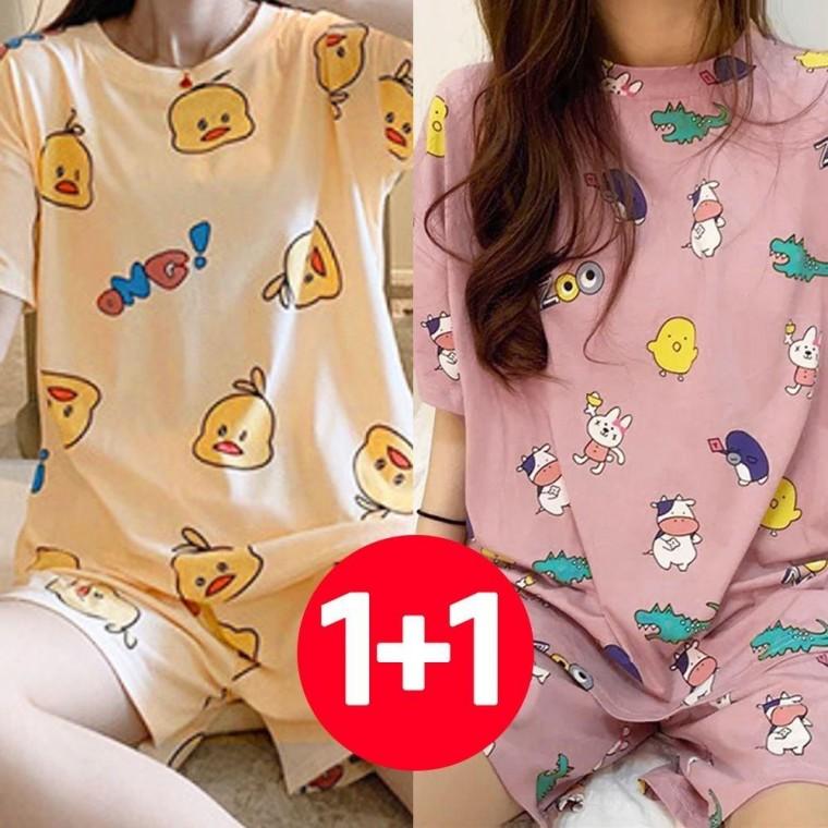 여성 반팔 반바지 여름 잠옷 세트 2개 오리 인디 핑크 여자 파자마 예쁜 귀여운 파티