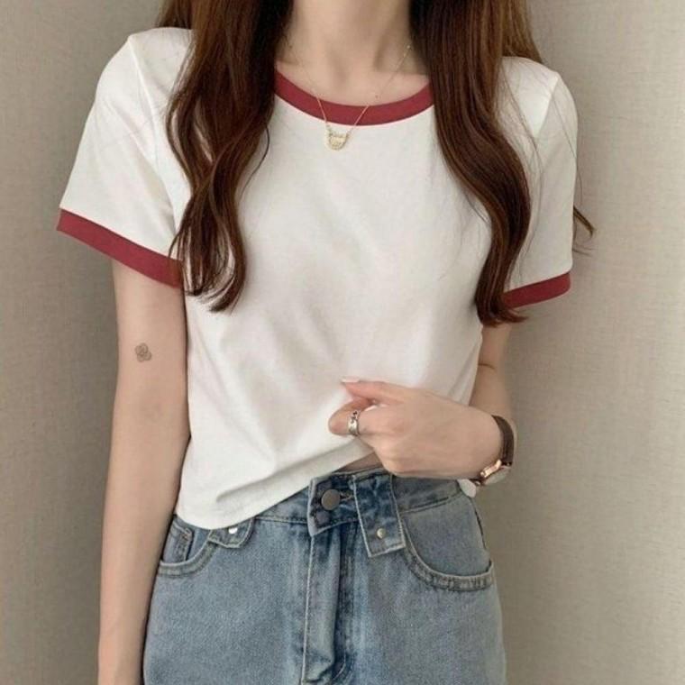 여성 여름 라운드 기본 크롭 반팔 티 셔츠 흰 색 티셔츠 반팔티 여자 세미 크롭티 예쁜