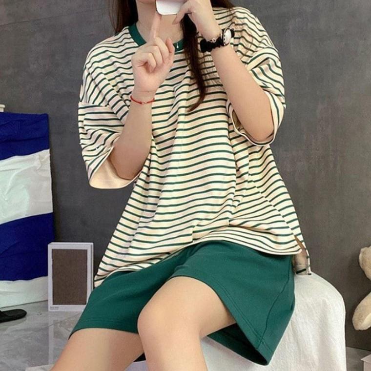 여성 여름 반팔 티 브라 캡 패드 내장 잠옷 세트 그린 여자 파자마 반팔티 캡내장