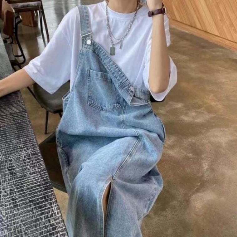 여성 여자 봄 여름 간절기 언발란스 멜빵 청 데님 치마 롱 원피스