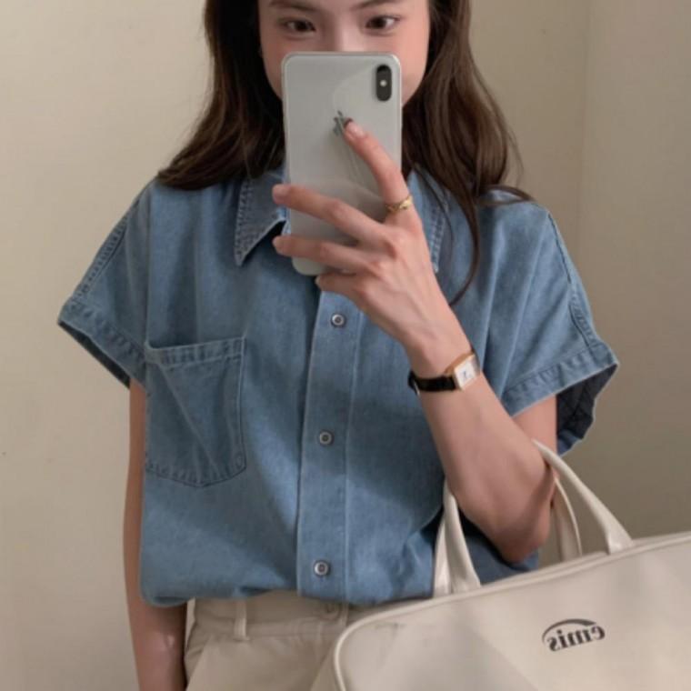 여성 여자 여름 간절기 루즈핏 데일리 진청 연 청 데님 반팔 카라 남방 셔츠