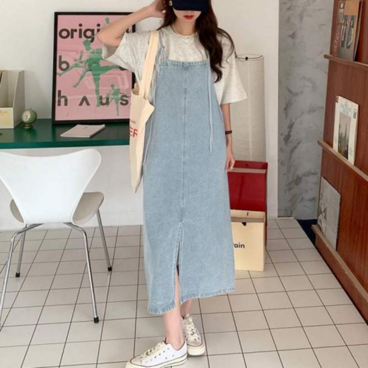 여성 여자 봄 여름 연청 진 청 데님 멜빵 롱 원피스 레이어드룩