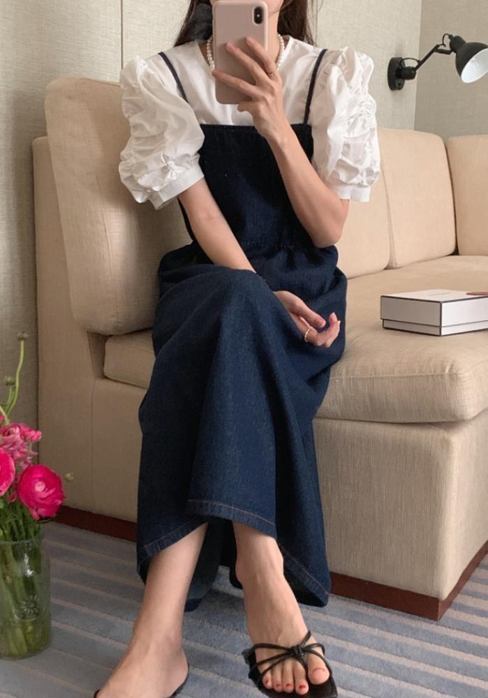 여성 여자 봄 여름 청 데님 뷔스티에 레이어드 롱 원피스 치마