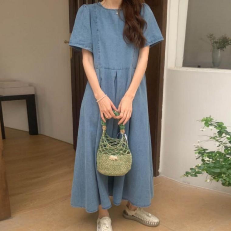 여성 여자 봄 여름 캐주얼 빈티지 블루 데님 청 반팔 롱 원피스 치마 2color