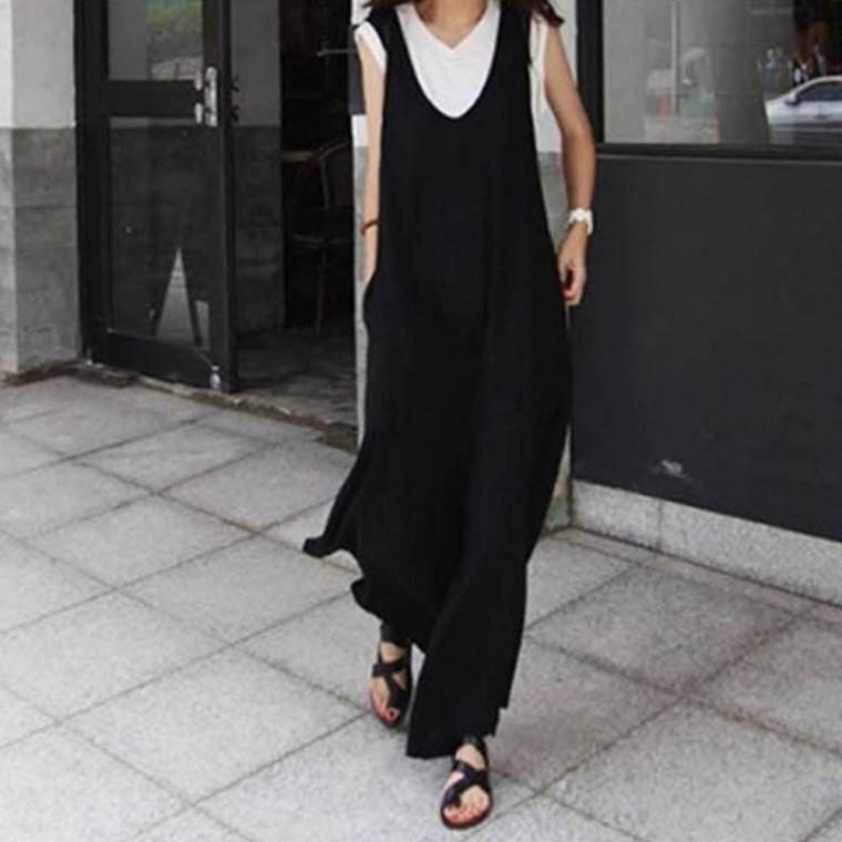 여성 봄 여름 심플한 유넥라인 민소매 롱 점프수트