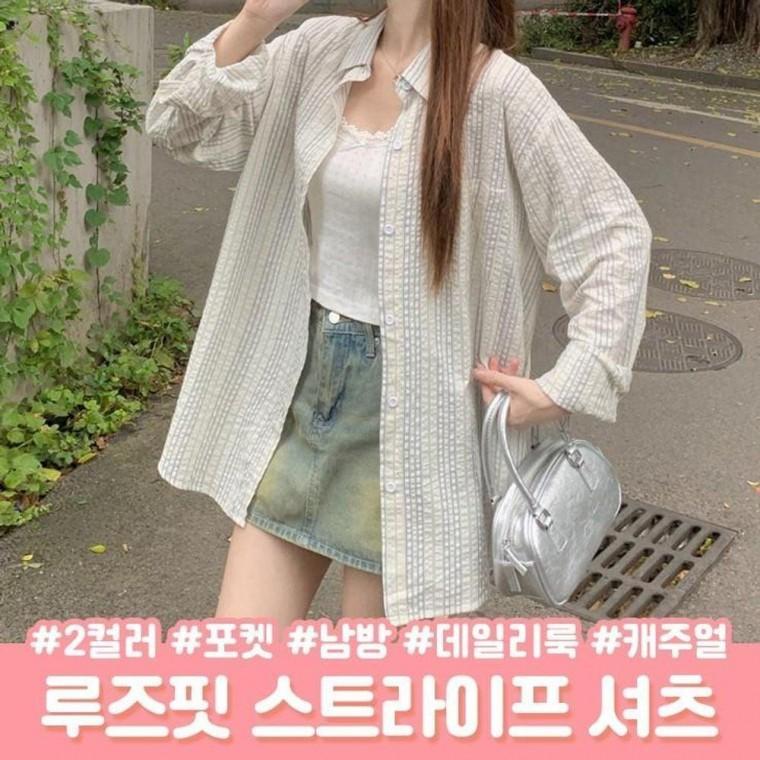76 살안타템 리안 루즈핏 스트라이프 셔츠 오버핏 여리핏 포켓 긴팔 남방 아우터 봄 여름 줄무