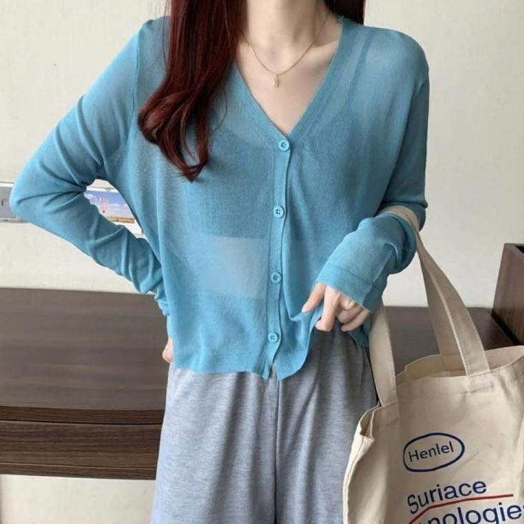 8컬러 봄 여름 심플 베이직 시스루 브이넥 가디건