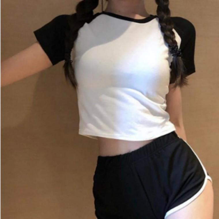 배색 나그랑 여름 코튼 면 크롭 슬림핏 반팔 티셔츠 숏 티셔츠