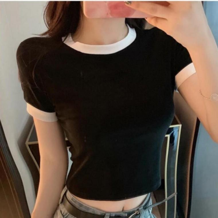 여름 코튼 배색 심플 크롭 라운드 반팔 티셔츠 무지 반팔티