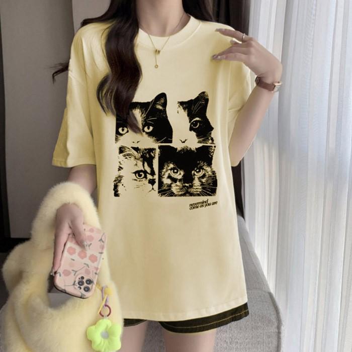 고양이 프린팅 여름 반팔 티셔츠