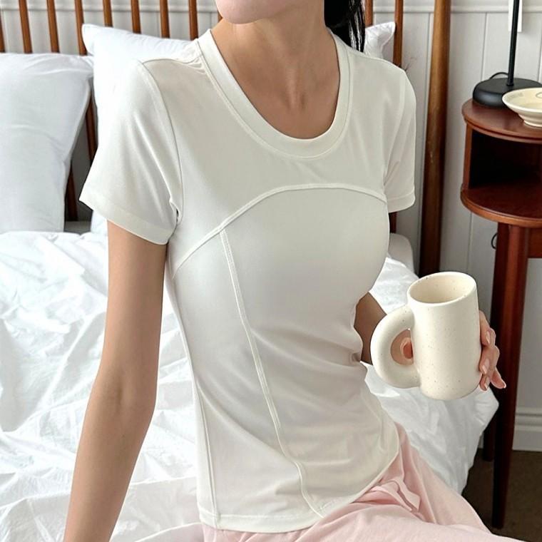 스판 여성 슬림핏 티셔츠 반팔 운동복 요가 라운드넥