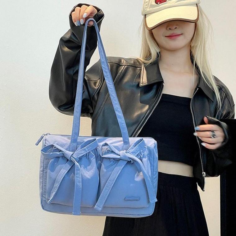 대학생 직장인 가벼운 숄더백 여성 리본 가방 블루 데일리 휘뚜루마뚜루 여자 운동 여성백