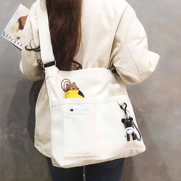 캔버스가방 지퍼에코백(곰돌이키링)