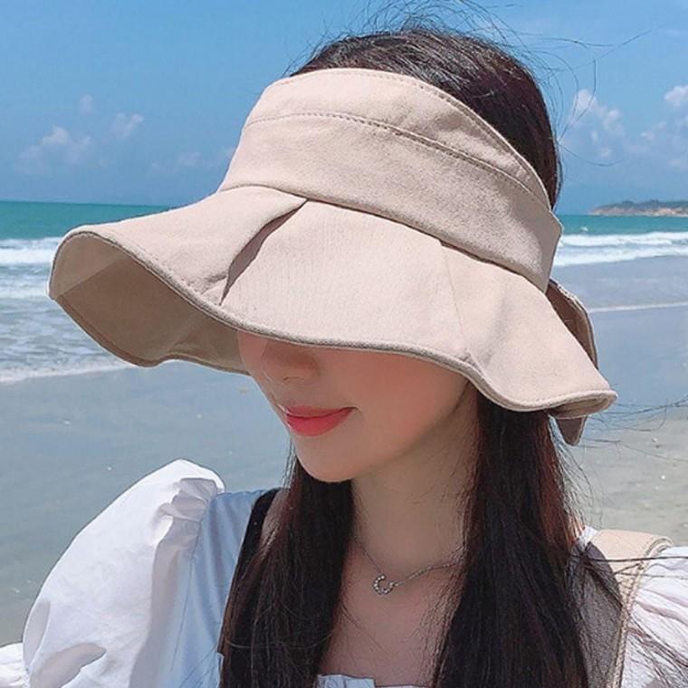 여성 햇빛 차단 가리개 리본 썬캡 선캡 모자 베이지 자외선 여성썬캡 여성창 여자썬캡