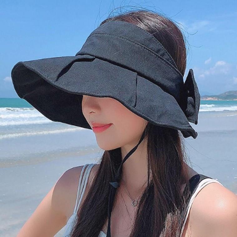 여성 햇빛 차단 가리개 리본 썬캡 선캡 모자 블랙 자외선 여성썬캡 여성창 여자썬캡
