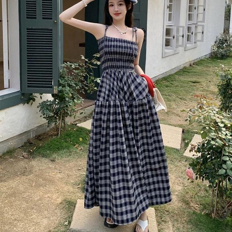 여자 사각 체크 패턴 튜브탑 주름 민소매 롱 원피스 반팔 여름 데일리 여성 캐주얼
