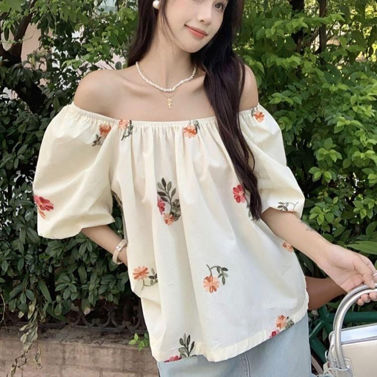 여자 플라워 무늬 여름 패션 오프 숄더 밴딩 블라우스 여성상의 포켓 여자상의 브이넥