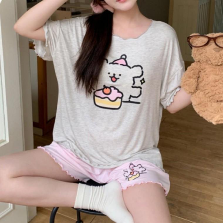홈웨어 여자 봄 여름 귀여운 캐릭터 캡내장 반바지 반팔세트