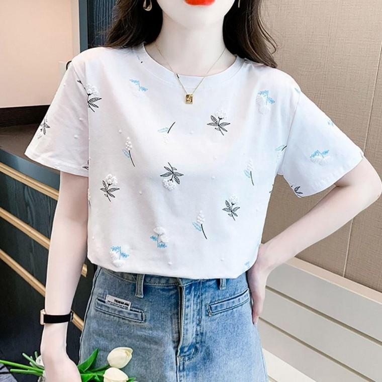 여자 플라워 패턴 라운드넥 부드러운 소재 반팔티 여성 티셔츠 U넥 이너 여름 기본 얇은