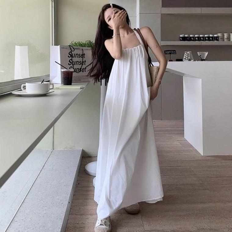 여자 홀터넥 뒷트임 오픈 포인트 A라인 민소매 원피스 반팔 여름 데일리 여성 캐주얼