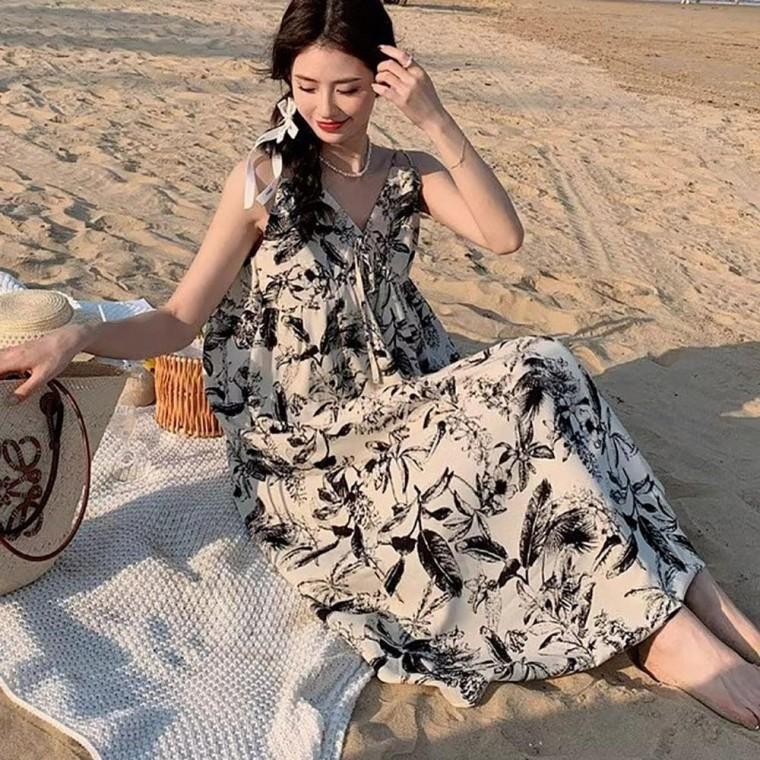 여자 바닷가 휴양지 바캉스 플라워 패턴 리본 원피스 반팔 여름 데일리 여성 캐주얼