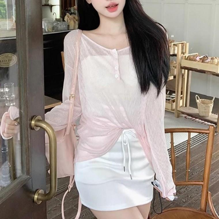 여자 시스루 스타일 여름 스트랩 루즈핏 티셔츠 여성 반팔 U넥 라운드 반팔티 이너 기본
