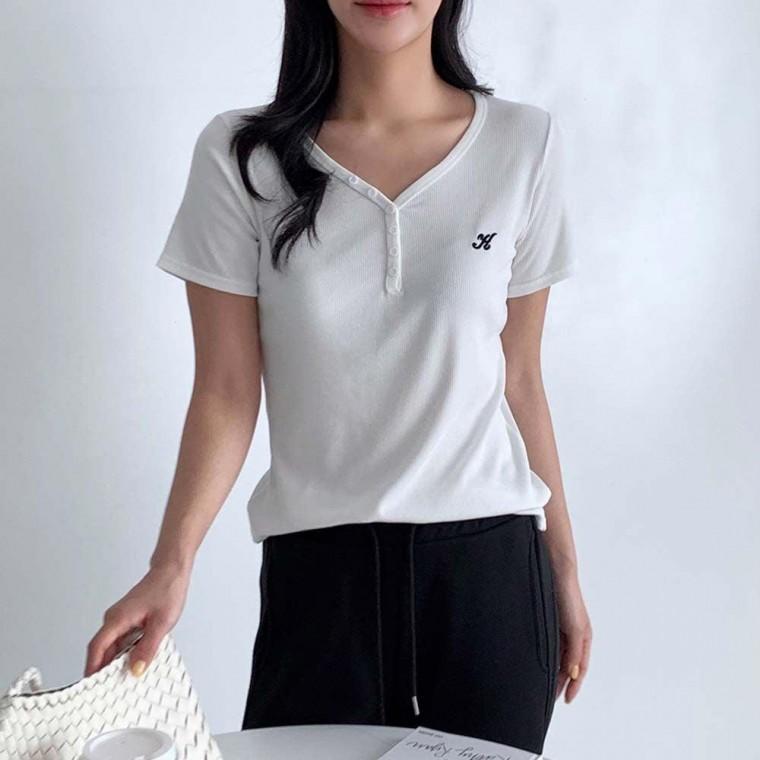 여자 데일리 와이넥 버튼 포인트 골지 반팔 티셔츠 여성 U넥 라운드 반팔티 이너 여름