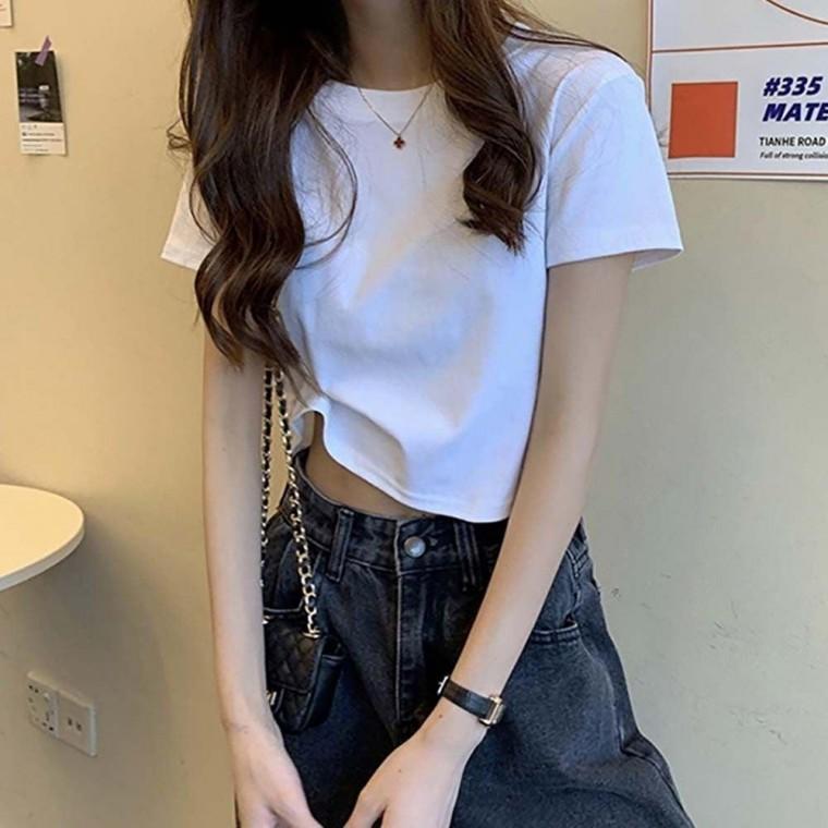 여자 깔끔 기본 디자인 슬림핏 크롭 반팔 티셔츠 여성 U넥 라운드 반팔티 이너 여름