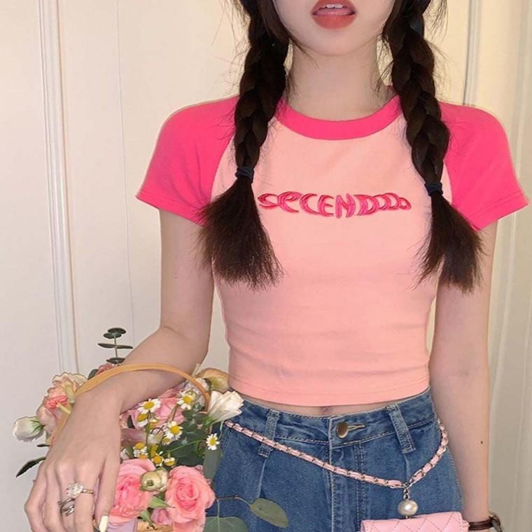 여자 빈티지 스타일 골지 배색 크롭 반팔 티셔츠 여성 U넥 라운드 반팔티 이너 여름