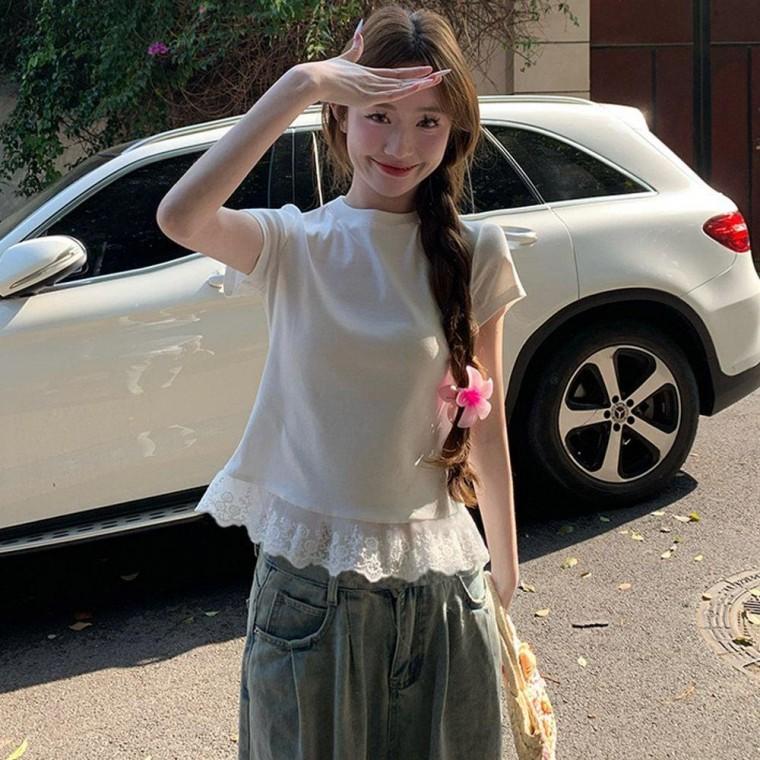 여자 밑단 레이스 라운드 슬림 화이트 반팔 티셔츠 레이스티 여성 U넥 반팔티 이너 여름
