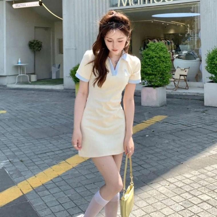 여자 여름 귀여운 스타일 슬림 패션 배색 오픈 카라 반팔 원피스 레이어드 봄원피스 프릴