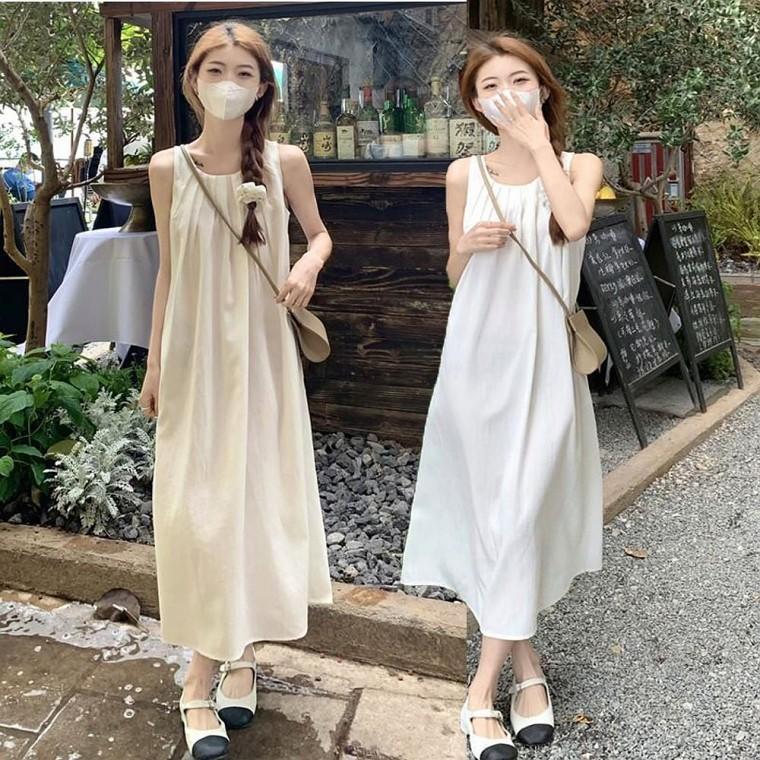 원피스 여자 여름 라운드넥 시원한 셔링 민소매 롱