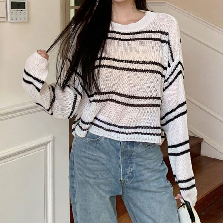 시스루 2색 니트티셔츠 루즈핏 스트라이프 반팔 여성 니트 여름