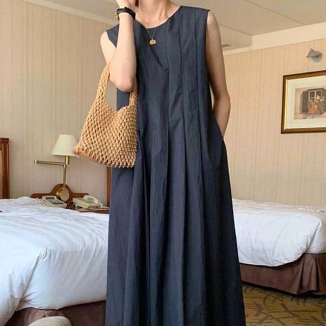 3색 여름 편한 핀턱 루즈핏 여성 원피스 민소매 나시 롱