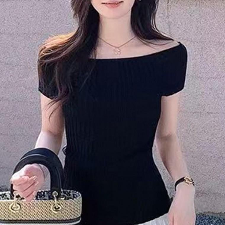 여성 여름 슬림핏 반팔 니트탑 검정색 오프숄더티 랍슨유통