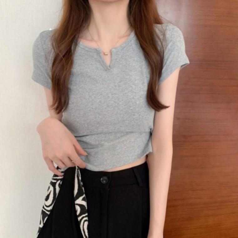 여성 여름 슬림핏 크롭 앞트임 심플 무지 반팔 티셔츠