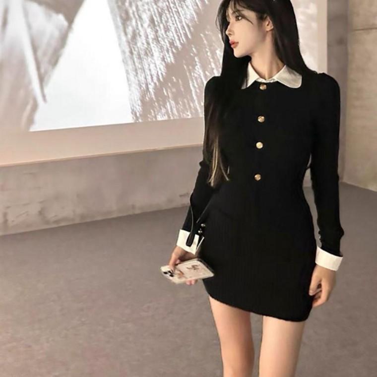 여자 페이크 레이어드 카라 버튼 블랙 미니 원피스 봄원피스 프릴 여름 레이스 이너 나시