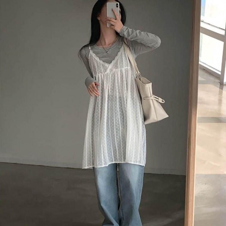 여자 시스루 나시 레이어드 패션 코디 롱 원피스 봄원피스 프릴 여름 레이스 이너