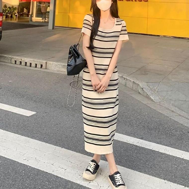 여자 스트라이프 스퀘어넥 신축성 좋은 롱 원피스 레이어드 봄원피스 프릴 여름 레이스