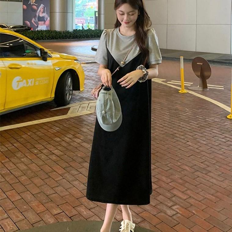 여자 페이크 레이어드 스타일 뷔스티에 꾸안꾸 롱 반팔 원피스 봄원피스 프릴 여름 레이스