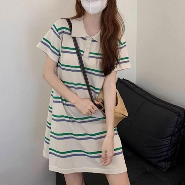 여자 여름 외출 나들이 스트라이프 포인트 카라 반팔 미니 원피스 레이어드 봄원피스 프릴