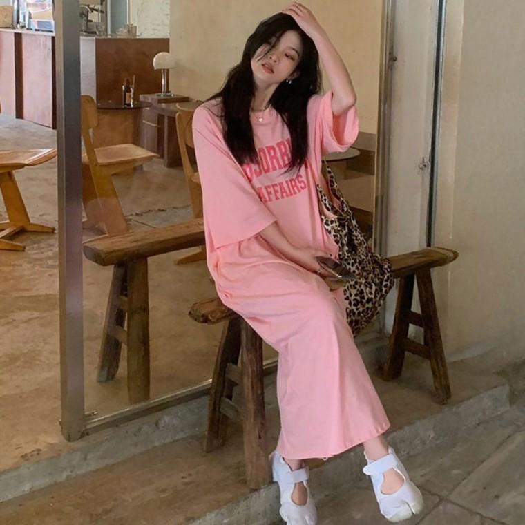 여자 여름 외출 간편 홈웨어 밑단 절개 캐주얼 롱 반팔 원피스 레이어드 봄원피스 프릴