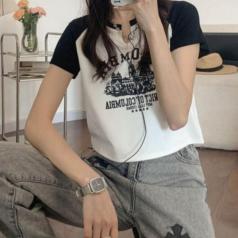 여자 빈티지 배색 디자인 봄 여름 꾸안꾸 크롭 반팔 티셔츠
