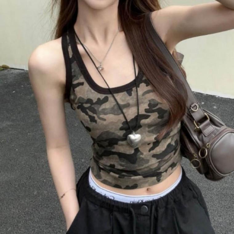 여자 밀리터리 카모 크롭 봄여름 민소매 티셔츠 휴양지룩