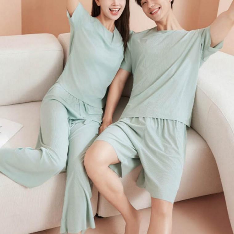 남자 여성 커플 여름 쿨링 반팔 반 바지 투피스 홈웨어 파자마 잠옷 실내복 세트