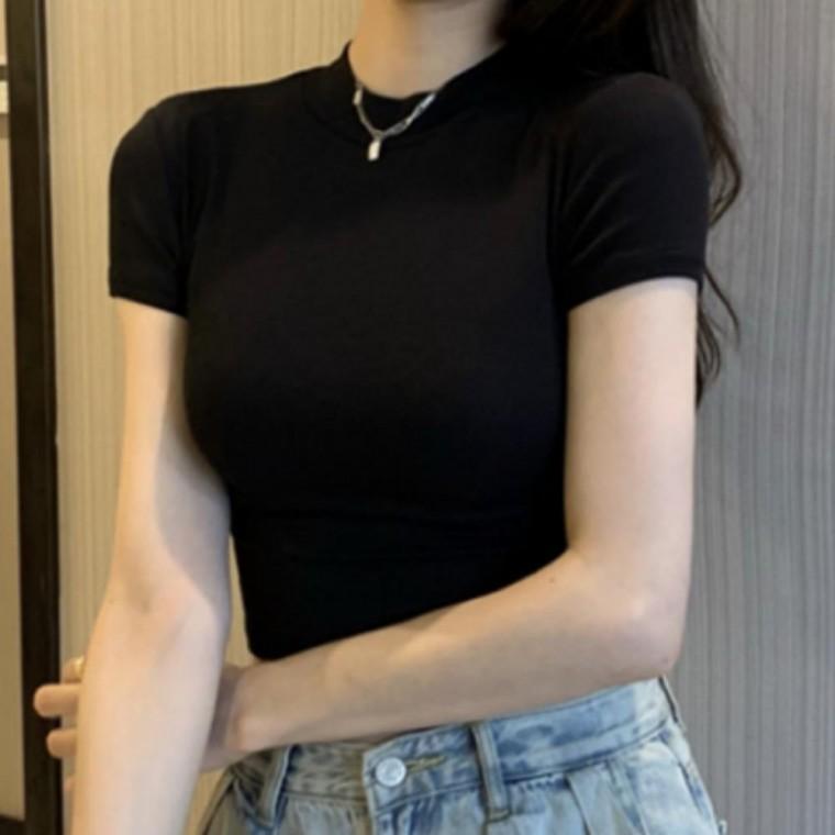여성 여름 하이넥 슬림핏 라운드넥 크롭 반팔 티셔츠