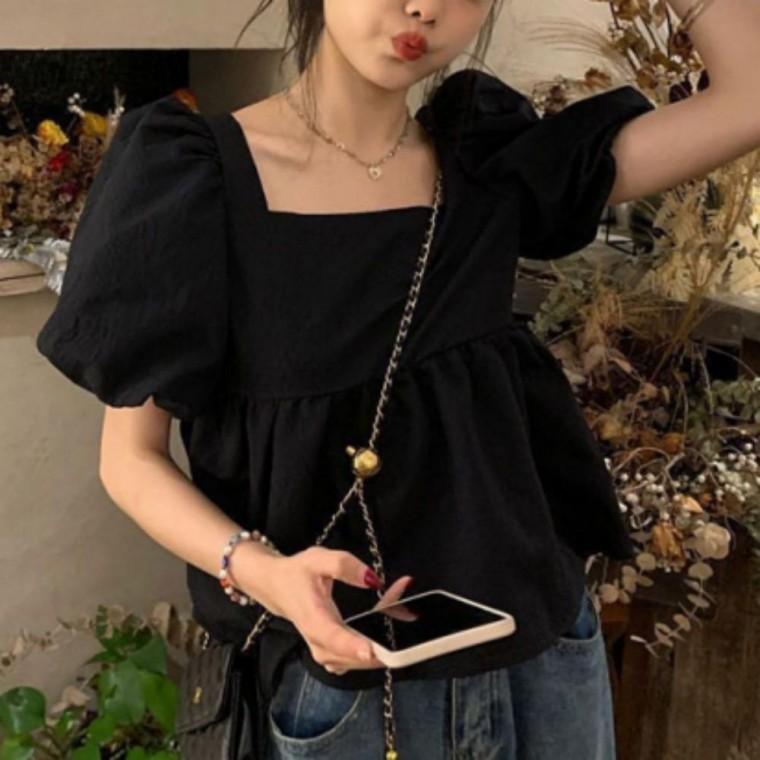 여성 여름 스퀘어넥 셔링 퍼프 프릴 반팔 블라우스